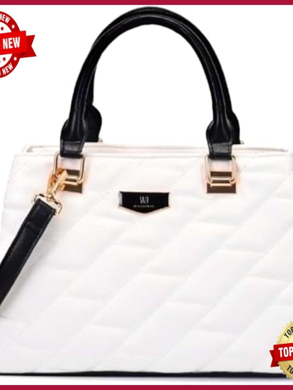 Quilted Satchel Handbag with Detachable Strap, Gold Hardware, Faux Leather